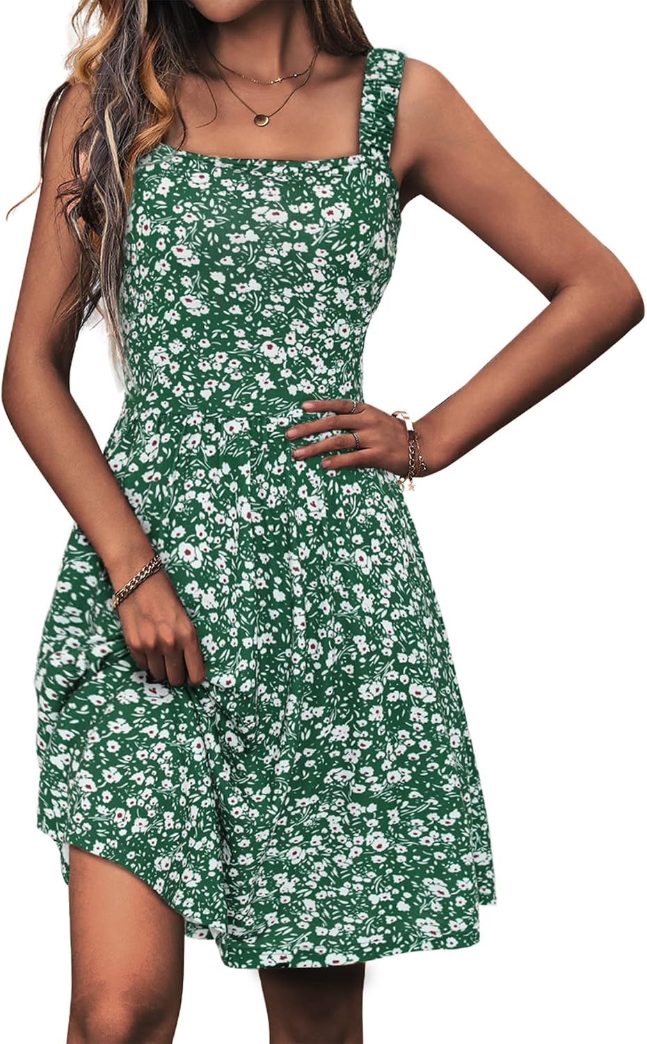 HUHOT Womens Summer Casual Square Neck Dress with Pocket Cute Sleeveless High Waist A-line Sundress Midi Dresses