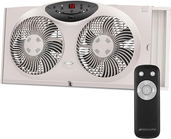 Bionaire Window Fan with Reversible Airflow Blades 3-Speed Settings, Programmable Thermostat, LED Display, Remote Control, Fits 2436" Windows, No Assembly Required
