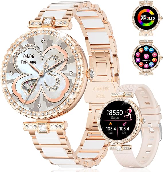 ESFOE Smart Watches for Women,1.19 AMOLED Smartwatch for Android iOS Phone,IP68 Waterproof Fitness Tracker Watch with Heart Rate Sleep Monitor 100+ Sports Pedometer,Ceramic(Answer/Make Calls)