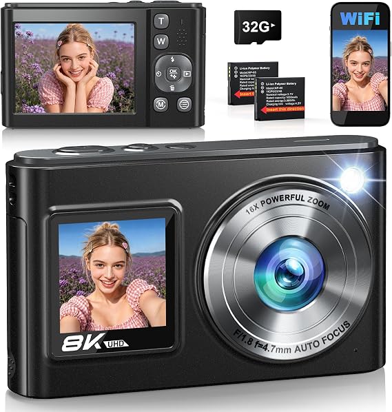 New 2026 Digital Camera 8K 96MP Dual Screen WiFi, Autofocus, Stabilization, 16X Zoom, Compact Travel Camera with 32GB SD Card and 2 Batteries 1050mAh