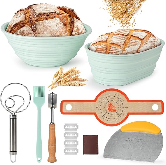 Sourdough Bread Baking Supplies, Sourdough Starter Kit 9 inch Round & 10 Oval Silicone Bread Basket with Silicone Bread Sling, Bread Lame, Bread Whisk, Dough Cutter & Oil Brush