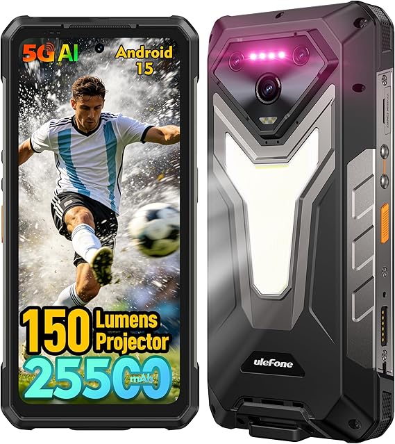 Ulefone Armor 34 Pro Plus 5G Rugged Smartphone with 150 Lumens Projector, 32GB+512GB ROM/2TB, 25500mAh 66W, Android 15, 6.95" 120Hz, 64MP+50MP+50MP 32MP, 1100LM LED Light/Waterproof/NFC/Widevine L1