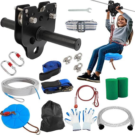 Dollate 80FT Zipline for Backyard Kids and Adults: Up to 400 lbs, Quick Tighten Zip Lines with Updated Removable Design Trolley,Seat,Spring Brake,Heavy Duty Ratchet Straps
