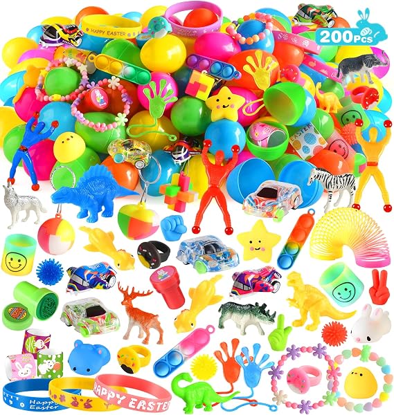 Jyusmile 200 Pack Prefilled Easter Eggs, Filled Plastic Easter Eggs with Assorted Toys Inside, Easter Surprise Egg Hunt, Easter Basket Stuffers, Party Favors Bulk for Kids/Boys/Girls