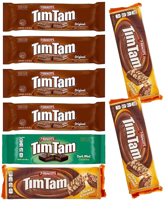 Variety Pack - Tim Tam Original, Dark Mint, Chewy Caramel (Value Pack of 8 x 200g) Australian Chocolate Cookie Biscuits, Deliciousness Treats