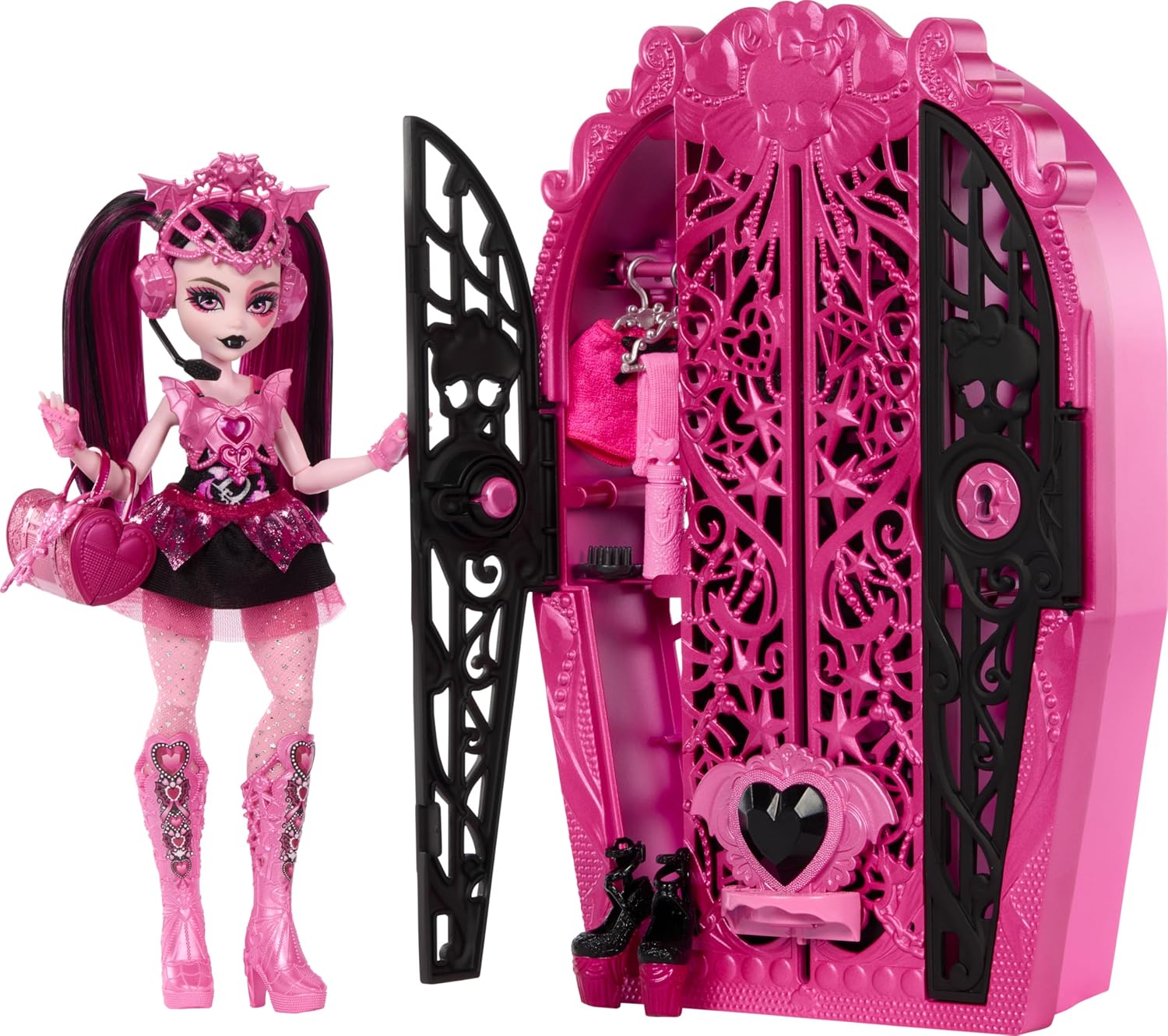 19 Surprise including Monster High Skulltimate Secrets Baby and Accessory Set, Monster Mysteries Draculaura Dress Up Cabinet and Baby Clothes