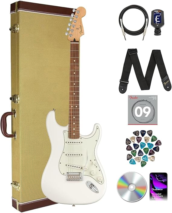 Fender Player Stratocaster - Polar White Bundle w/Premium Tweed Case, Cable, Tuner, Strap, Strings, Picks, and Austin Bazaar Guitar Essentials DVD