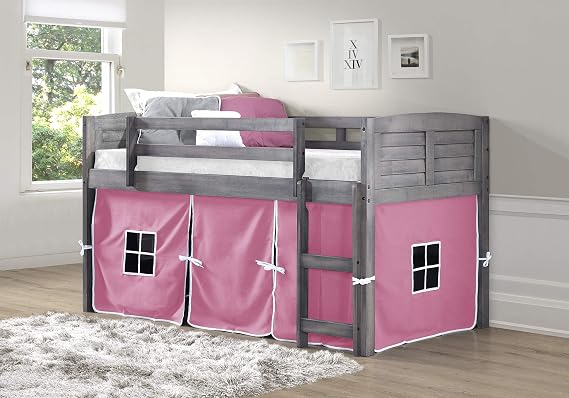 DONCO Kids Louvered Low Loft with Pink Tent, Twin in White Finish