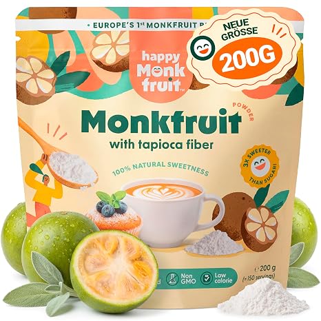 Happy Monkfruit 200 g 150 Servings Natural Sweetness - 3x Sweeter Than Sugar Monk Fruit Sweetener Low Calorie - Monk Fruit Powder for Coffee Tea and Keto Nutrition