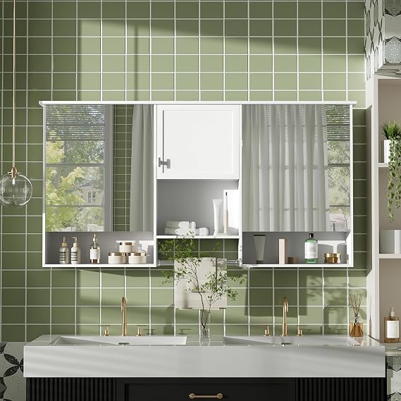 55" Wall-Mount Bathroom Medicine Cabinet with 2 Mirrored Doors Adjustable Internal Shelving and Integrated Metal Towel Bar Open Shelves White Painted MDF Construction White