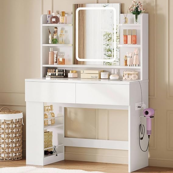 IRONCK Dressing table with LED Lights, Vanity desk with Mirror 40x90x145 cm