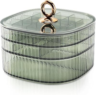 Earring Organizer,Stackable 3-Layers Clear Jewelry Box with Lid,Stud Earring Organizer for Women Girls,Earring Box Display Holder for Earrings Ring Studs Bracelet Necklace CraftsRound Green
