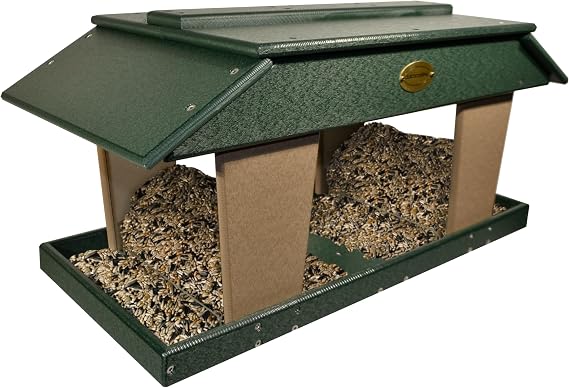 DutchCrafters Poly Post Mount Extra Large Double Hopper Bird Feeder, Outdoor Wild Bird Feeder for Outside, USA Amish Made (Turf Green & Weatherwood)