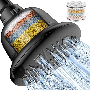 MakeFit Filtered Shower Head Matte Black- High Pressure Shower Head with filter for Hard Water - Rain Shower Head Water Softener - Luxury 7 Settings Adjustable Water Filter Showerhead Matte Black