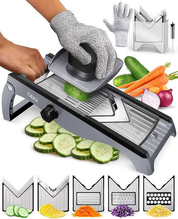 Fullstar 7-in-1 Mandolin Stainless Steel Vegetable Slicer - Adjustable Thin Cutter 1-4 mm - Mandolin with Julienne Blade for Potatoes Fruits Vegetables & Cheese - Professional Kitchen Slicer