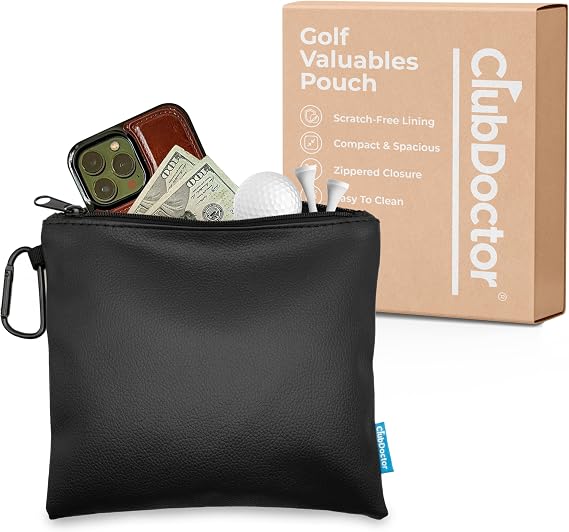 Club Doctor - Golf Valuables Pouch Premium Zippered Golf Accessories Bag with Metal Carabiner, Compact & Durable Organizer for Tees, Balls, Divot Tools, and Valuables