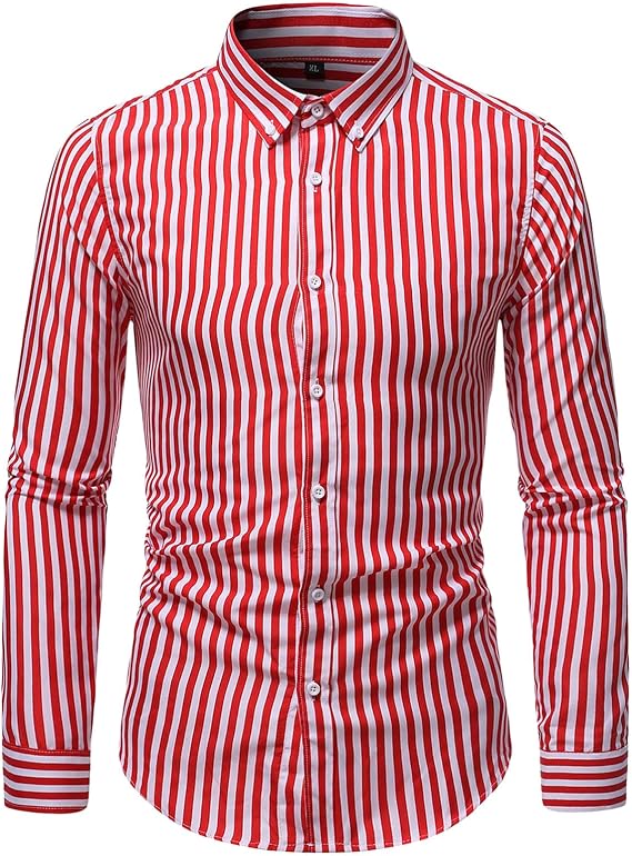 Men's Long Sleeve Spring Stripe Printed Shirt Thin Casual Slim Striped Shirt Fit Pinstriped Button Down Shirts (Red,Medium)
