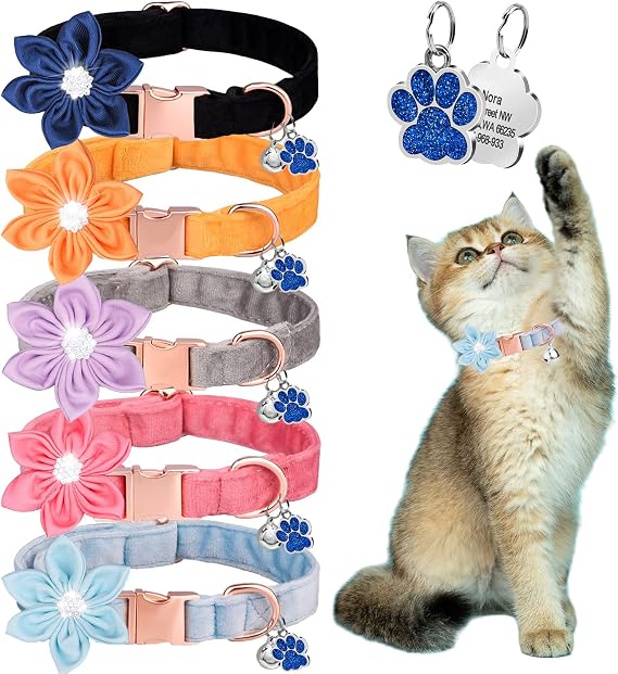 LINMAGCO Personalized Breakaway Cat Collar with Bells, Tough Velvet Collar with Sunflower, Custom Engraved Collar with Customized Text, Adjustable for Cats and Small Dogs