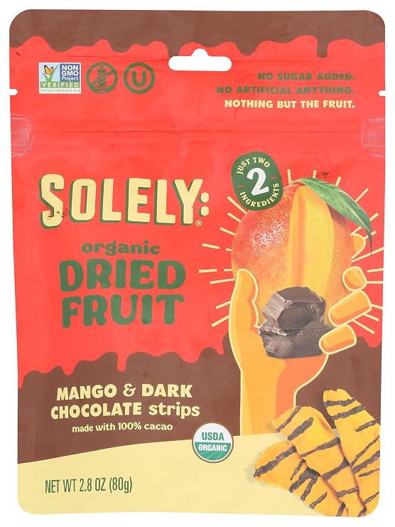 Solely Dried Organic Mango Strips Drizzled with 100% Cacao, 2.8oz - 8 Bags