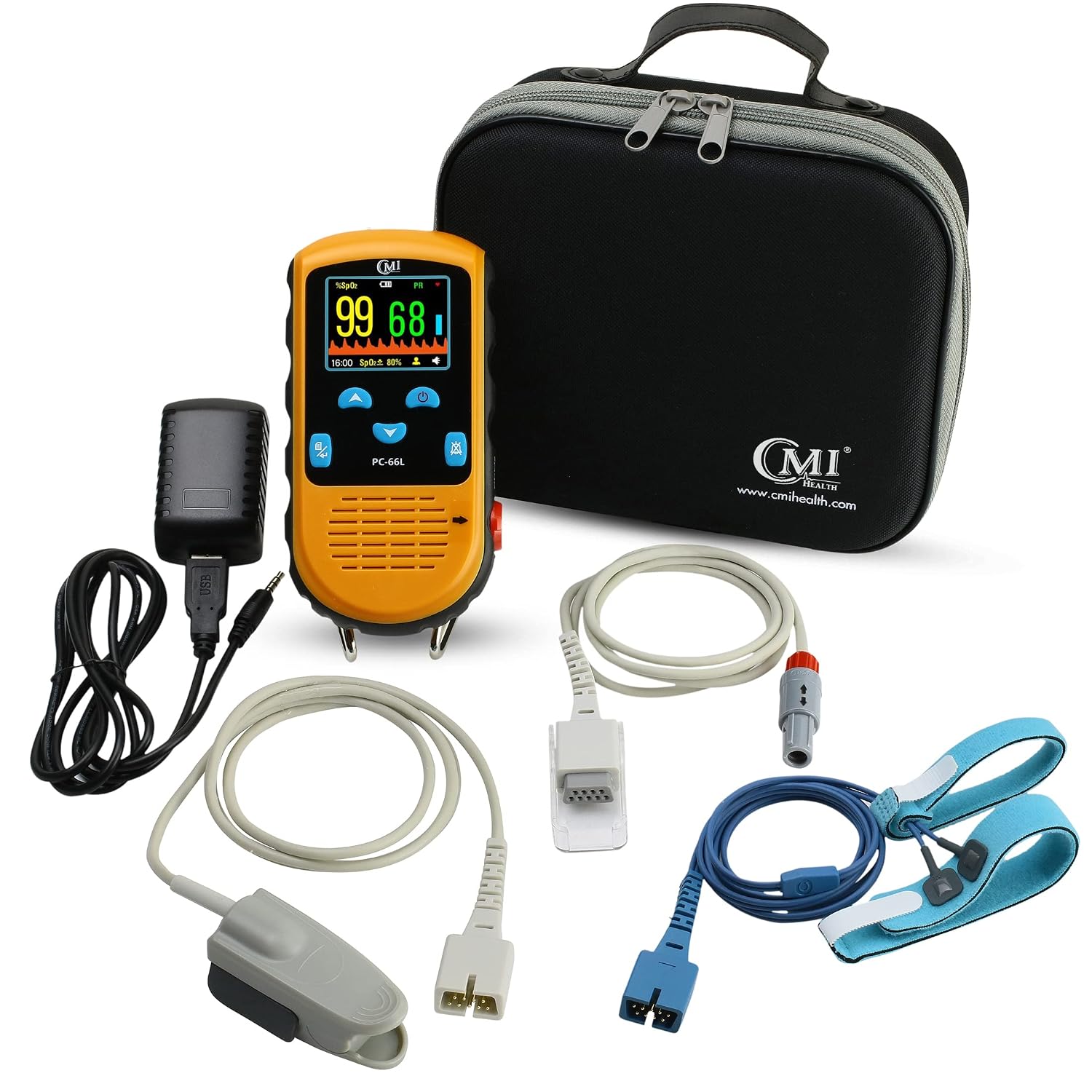 CMI Health Rechargeable Pulse Oximeter - Continuous Infant Monitoring Up to 25 lbs & Adult Finger Spot-Checking - Adjustable Alarm for Pulse Rate and SpO2 Levels - Carry Case