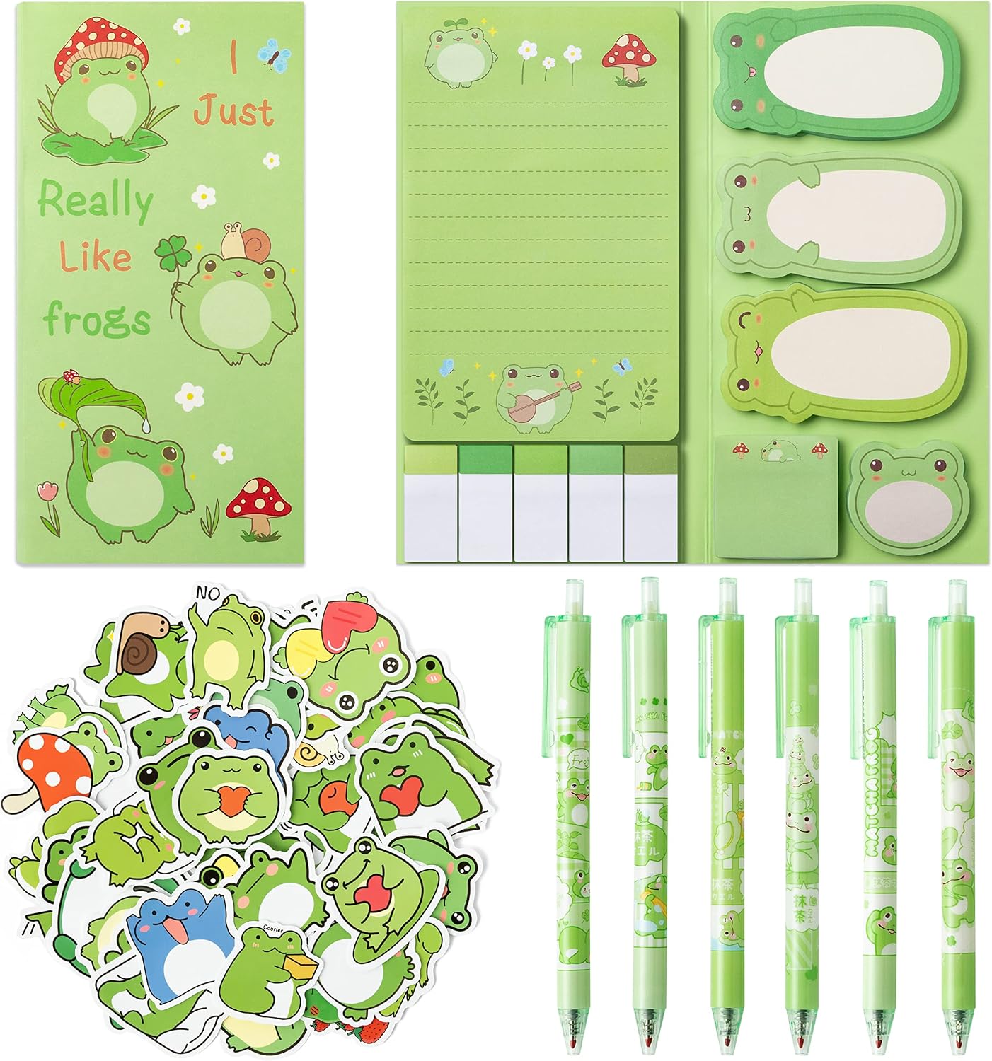 A1DIEE 57Pcs Frog Stationery Set Includes Ball Point Gel Ink Pens Cartoon Frog Stickers Bundle Sticky Notes Set Index Tabs Bookmarks Page Flags Back to School Gift for Kids Classmate Student Teacher