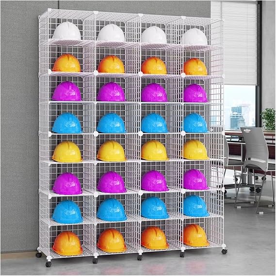Safety Cap Storage Cage Large, Coal Mine/Warehouse/Construction Hard Hat Rack with 18/32 Grids, Adjustable Retail Store Racing Helmets Display Box,