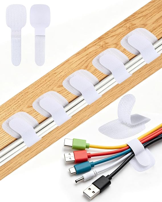AGPTEK 80Pcs Self-Adhesive Cable Ties, Hook and Loop Cable Straps, White