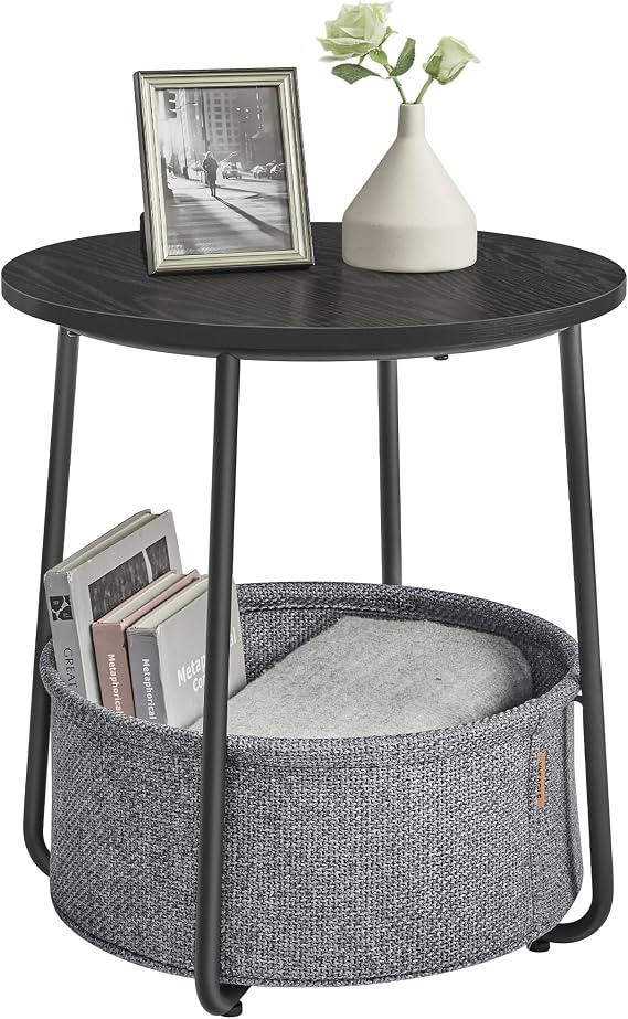 VASAGLE Small Round Side End Table, Small Nightstand with Fabric Basket | Modern Bedside Table, for Living Room, Bedroom, Ebony Black and Slate Gray, LILEA Collection ULET223B01