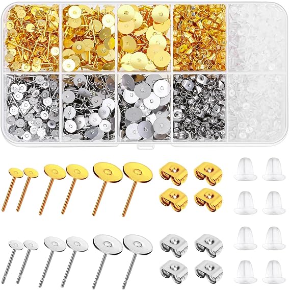 Hypoallergenic Earring Posts and Backs, Caffox 2000pcs Stud Earrings Making Kit with Ear Ring Base and Earring Backs for Leather Stud, Clay, Pearl Jewelry Making (Gold & Silver)
