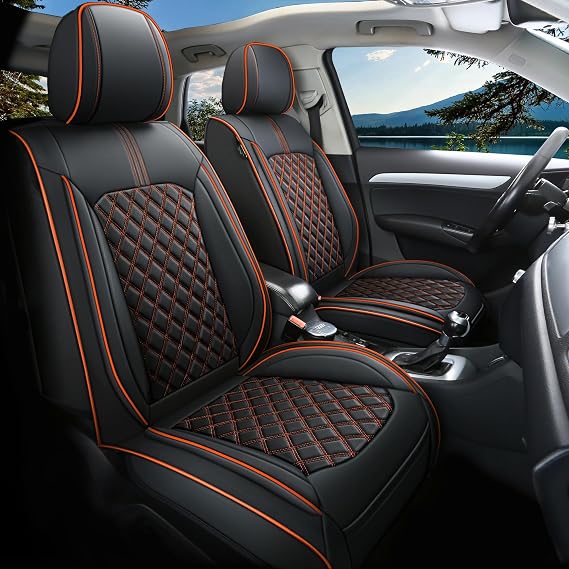 Comfortable Leather Auto Car Seat Covers Front & Rear Seat Protector Fit Sedan SUV 5 Seats Full Set Universal Fit (Black & Orange)
