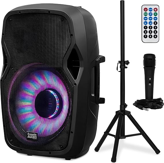 Acoustic Audio by Goldwood 1000W Bluetooth PA Speaker with LED, Mic & Stand | Large Plug-In Powered PA System with Remote & Flashing LED Party Lights for Karaoke, DJ or Tailgate Party