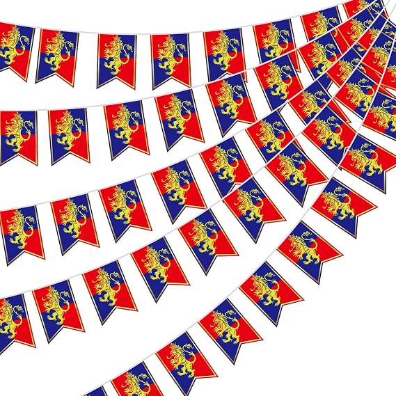 Hestya 5 Pcs 49ft Medieval Party Decorations Fantasy Pennant Banners with Lion Design Knight Bunting Banner Garland Hanging Decorations Photo Prop for Fairytale Birthday Party Decor Supplies