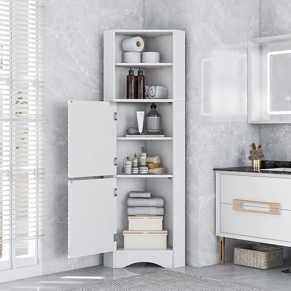 Tall Corner Cabinet,61" Corner Bathroom Cabinet with Doors and Adjustable Shelves,Freestanding Corner Storage Cabinet with Hutch,Home Space Saver for Bathroom,Laundry Room,Living Room,Kitchen (White)