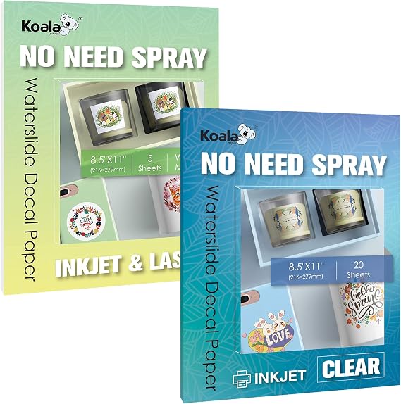 Koala No Spray Waterslide Decal Paper INKJET CLEAR 20 Sheets and White No Spray Water Slide Decal Paper for Inkjet and Laser Printer 5 Sheets - Bundle Pack