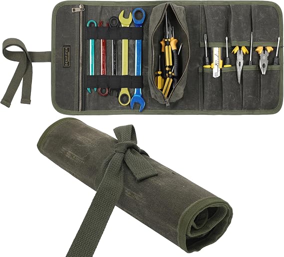 Waxed Canvas Multi-Purpose Waterpoof Tool Organizer Bags, Portable Carry On Pouch with 1 Small Detachable Tool pouch and 1 Zipper Pockets, 24.5" X 10.5"|ArmyGreen