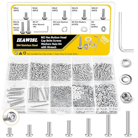 989PCS M2 Nuts and Bolts, Hex Button Cap, 4-20mm, 304 SS for Repair