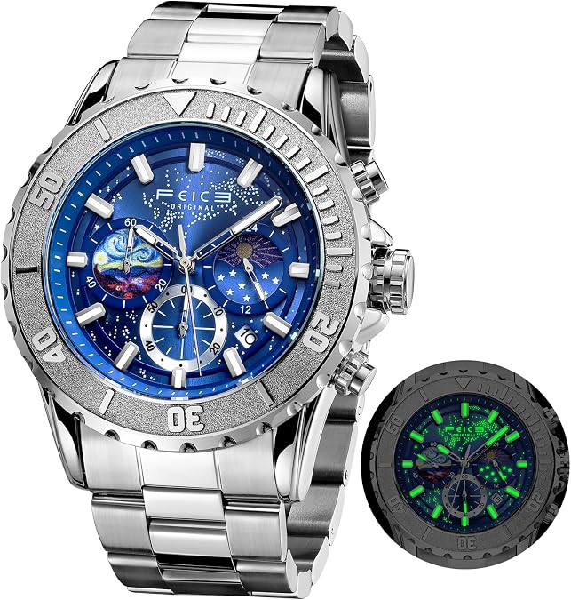 Feice Watch for Men's Quartz Watch with 24-Hour Display, Date, Luminous Hands, Starry Sky Dial, Stainless Steel Band, 3ATM Water Resistant Watches for Men-FK131