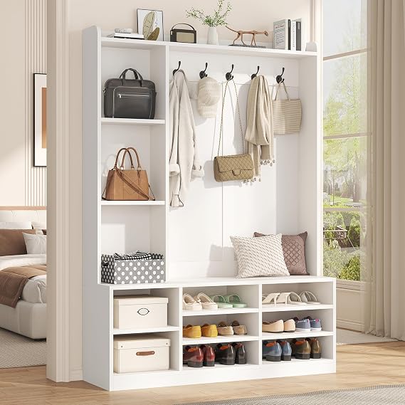 White Hall Tree with Storage Bench, 5-in-1 Entryway Bench with Coat Rack, Adjustable Shoe Storage, Hanging Hooks, Shoe Organizer for Entryway, White