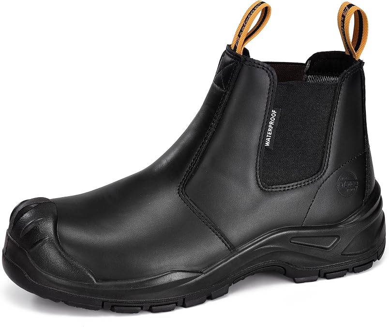 SAFETOE Safety Boots for Men Waterproof Work Boots Cow Leather Slip On Chelsea Composite Toe Cap Work Shoes Wide Fit