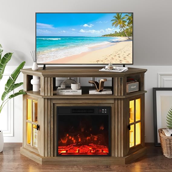 YESHOMY LED Corner Fireplace TV Stand for TVs up to 55", Brown