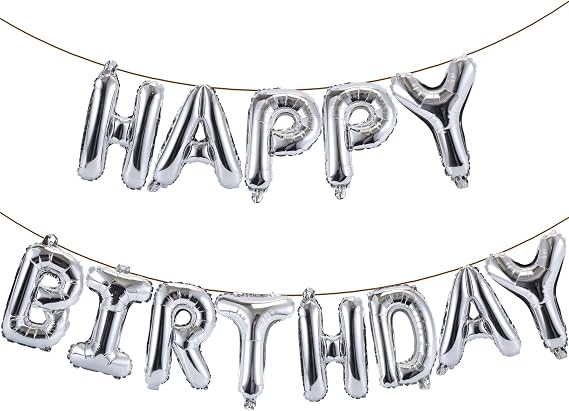 YPSelected Happy Birthday Balloons Banner 16 Inch Hanging Birthday Balloons 3D Silver Foil Letter Balloons for Kids and Adults Birthday Party Decorations Supplies (Silver)