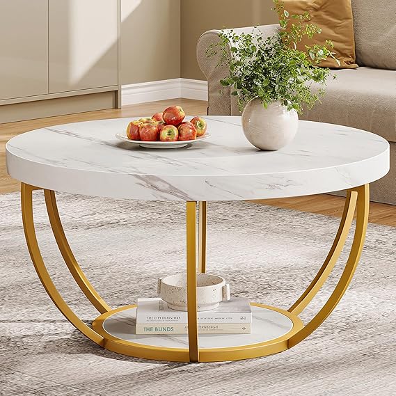 Tribesigns Modern Round Coffee Table 2 Tier Coffee Table with White Marble and Gold Metal Legs Round Center Table Tea Table Accent Furniture for Living Room White and Gold