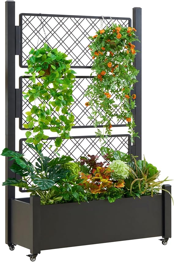 72Hx46Wx16D Heavy-duty Black Metal Raised Garden Bed with Trellis & Wheels | Easy Assembly, Privacy Screen, Large Outdoor Planter Box for Climbing Plants, Vegetables & Vine, Weather Resistant