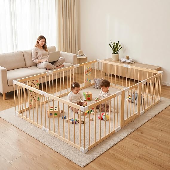Baby Playpen with Montessori Toy, 10 Panels Foldable Play Yard Door Panel