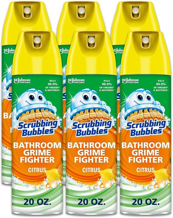 Scrubbing Bubbles Bathroom and Shower Cleaner Disinfectant Aerosol, Foaming Action Bathroom Grime Fighter, Citrus Scent, 20oz (Pack of 6)