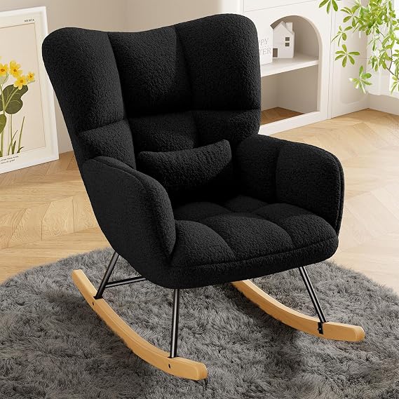 Hawthyhome Upholstered Rocking Chair for Adults, High Back, Black