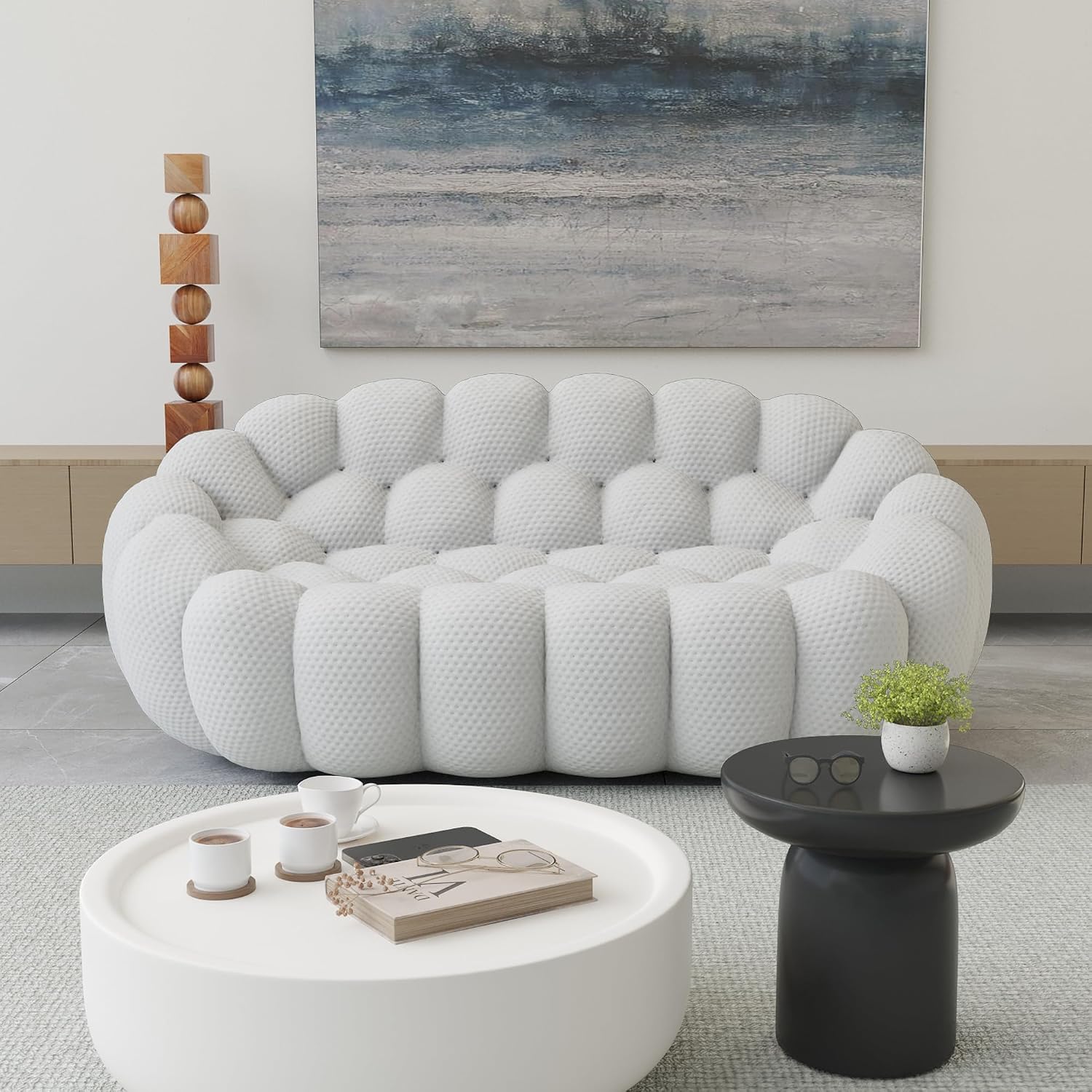 JACH 78.74 Modern Bubble Sofa, Curved Couch, Upholstered Love Seat Couch, Lazy Floor Sofa, 3D Honeycomb-Shaped Leisure Sofas for Living Room, Apartment, Small Space, Light Grey