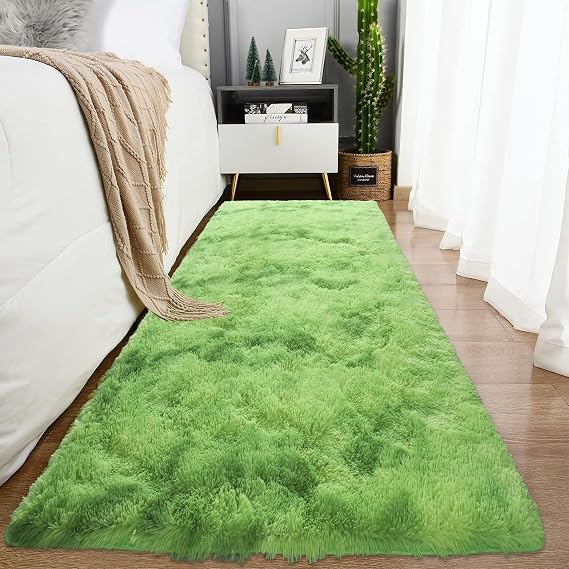 2x6 Green Tie-Dyed Runner Rugs for Bedroom, Ultra Soft Non-Slip Fluffy 2'x6' Bedside Rug for Kids Room, Kitchen, Entryway, High Pile 2x6 Runner Laundry Carpets Bright Green