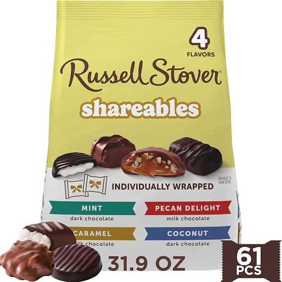 RUSSELL STOVER Shareables Milk & Dark Chocolate Candy Gift Bag, 31.9 oz. | Assorted chocolate treat bag for sharing, Individually wrapped dark and milk chocolates, Great for dessert, snacking, gifting