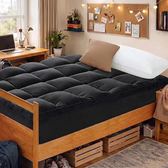 Mattress Topper Twin XL College Dorm, Bed Topper Twin XL Cooling Mattress Pad Cover for College, Black Pillow Top Mattress Topper with Deep Pockets, Breathable Fluffy Fill Mattress Protector